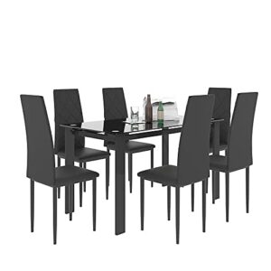 pouleii dining table set for 6, 7 piece kitchen dining table set, modern style table with tempered glass top, faux leather chairs, for kitchen & dining room
