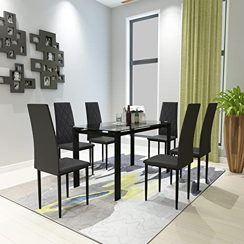 POULEII Dining Table Set for 6, 7 Piece Kitchen Dining Table Set, Modern Style Table with Tempered Glass Top, Faux Leather Chairs, for Kitchen & Dining Room