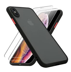kiomy iphone x case/iphone xs case with 2 hd tempered glass screen protectors, translucent matte protection cover with soft edge, hard pc back and tpu hybrid anti yellow slim fit shell, 5.8 inch black