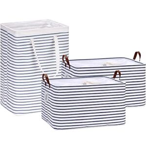 hinwo 2-pack 70l extra large canvas fabric storage bins with 77l laundry hamper, navy stripe