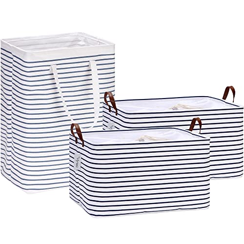 Hinwo 2-Pack 70L Extra Large Canvas Fabric Storage Bins with 77L Laundry Hamper, Navy Stripe