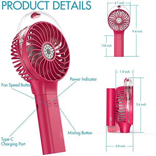 Winique Handheld Spray Fan,3000mAh Battery Powered Water Misting Desk Fan with 3 Speeds& 20ml Water Tank, 180°Foldable Personal Hand Held Fan for Home Office Outdoor Travel Camping(pink)