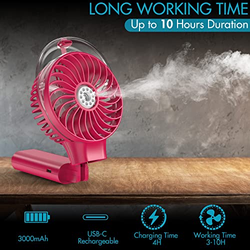 Winique Handheld Spray Fan,3000mAh Battery Powered Water Misting Desk Fan with 3 Speeds& 20ml Water Tank, 180°Foldable Personal Hand Held Fan for Home Office Outdoor Travel Camping(pink)