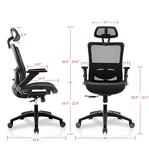 Office Chair Ergonomic Mesh Chair High Back Computer Desk Chair with 3D Armrest Adjustable Lumbar Support and Headrest Receling Chair, Black