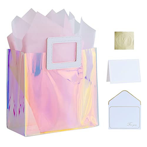 VUOJUR 8.3'' Holographic Reusable Small Gift Bag with Tissue Paper and Card for Women Girls Birthday Baby Shower Wedding Anniversary(Pink & White)