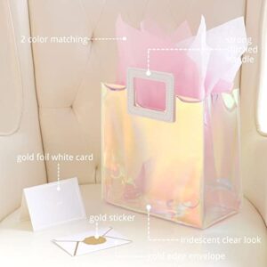 VUOJUR 8.3'' Holographic Reusable Small Gift Bag with Tissue Paper and Card for Women Girls Birthday Baby Shower Wedding Anniversary(Pink & White)