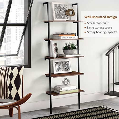 HITIK 5 Tier Wall Mounted Bookshelf, 72 Inches Tall Ladder Shelf with Metal Frame and Wood Board, Modern Industrial Bookshelf for Bedroom, Office, Living Room, Hallway