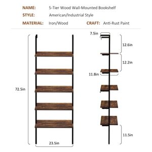 HITIK 5 Tier Wall Mounted Bookshelf, 72 Inches Tall Ladder Shelf with Metal Frame and Wood Board, Modern Industrial Bookshelf for Bedroom, Office, Living Room, Hallway