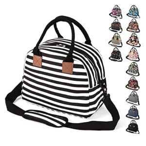 woomada insulated lunch bag for women men reusable large capacity lunch box cooler tote bag with pockets & adjustable shoulder strap for office work, picnic, travel(black&white stripes)