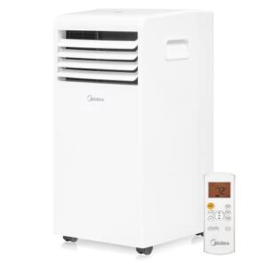 midea 6,000 btu ashrae (5,000 btu sacc) portable air conditioner, cools up to 150 sq. ft., with dehumidifier & fan mode, easy- to-use remote control & window installation kit included