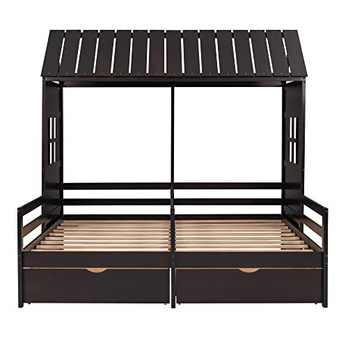 Merax Twin House Shared Bed Frame for Kids, Twin Twin Platform Bed with Drawer, Storage Playhouse Bed Frame with Roof and Fence for Living Room Bedroom