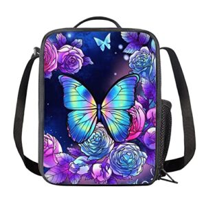 zfrxign butterfly rose lunch box for girls cooler carrier bag, thermal picnic tote blue lunch bags for outdoor camping, beach day or travel, storage bag