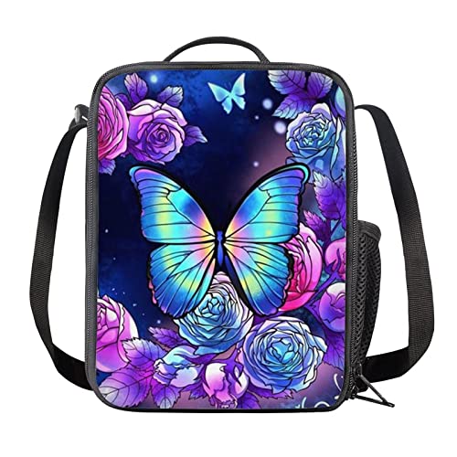 ZFRXIGN Butterfly Rose Lunch Box for Girls Cooler Carrier Bag, Thermal Picnic Tote Blue Lunch Bags for Outdoor Camping, Beach Day or Travel, Storage Bag