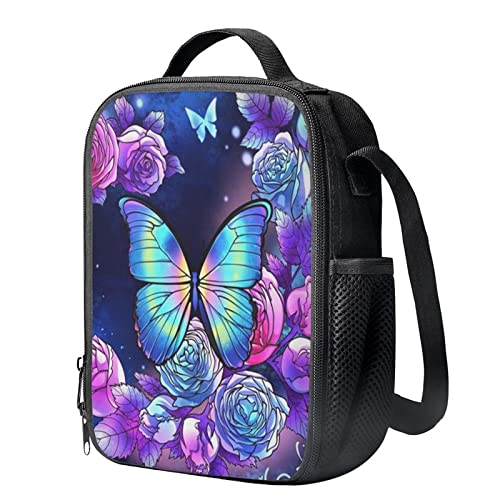 ZFRXIGN Butterfly Rose Lunch Box for Girls Cooler Carrier Bag, Thermal Picnic Tote Blue Lunch Bags for Outdoor Camping, Beach Day or Travel, Storage Bag