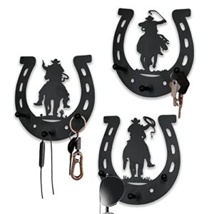 3pcs horseshoe metal key holder for wall, horse shoes wall art decor with cowboy, farmhouse western rustic style horse shoes decorations key hooks for bedroom living room, black
