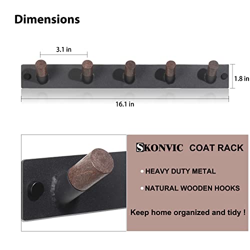 SKONVIC Coat Hooks Wall Mounted,Heavy Duty Coat Rack with 5 Wooden Knobs Hooks,16 Inch Long Coat Hanger for Hanging Coat Towel Bags Hats Backpacks Jackets Keys