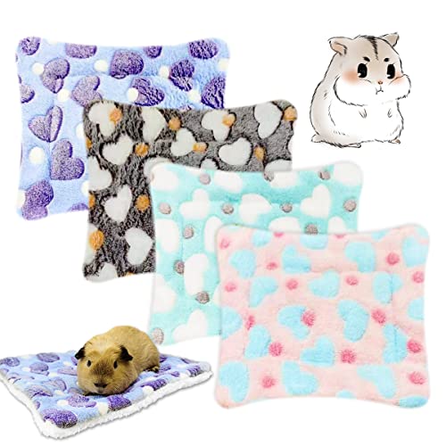 EAEDMY 4 Pieces Guinea Pig Bunny Comfortable Bed Mats Pads, Rabbit Warm Soft Bed, Hamster Bedding Pad Mats for Small Animals Chinchilla Hedgehog Baby Cats (11.8"x9.1", 1.Hearts Pattern)