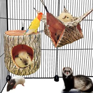 eaedmy guinea pig rat ferret tree hole bed and hammock tunnel, ferret hanging bunk bed hammock, parrot bird tree hole, small animals hideout and soft bed (1.tree hole bed and hammock)