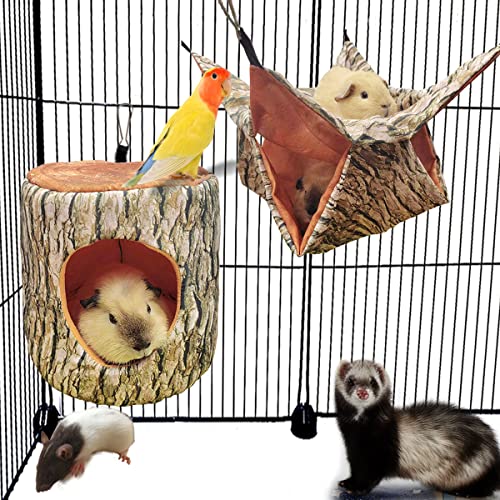 EAEDMY Guinea Pig Rat Ferret Tree Hole Bed and Hammock Tunnel, Ferret Hanging Bunk Bed Hammock, Parrot Bird Tree Hole, Small Animals Hideout and Soft Bed (1.Tree Hole Bed and Hammock)