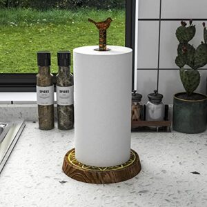 UXZCVIO Paper Towel Holder Cast Iron Bird Stand with Heavy Duty Wood Base, Paper Hanger Rack for Kitchen Countertop Fits Standard and Jumbo Size Paper Towels Standing Paper Towel Roll Dispenser
