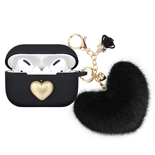 Wonhibo Cute Black Heart Airpods Pro Case for Women Girls, Kawaii Cover for Apple Airpod Pro 2019 with Pom Pom Keychain