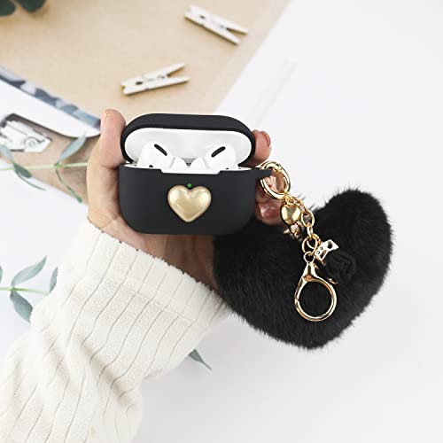 Wonhibo Cute Black Heart Airpods Pro Case for Women Girls, Kawaii Cover for Apple Airpod Pro 2019 with Pom Pom Keychain