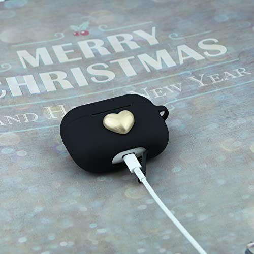 Wonhibo Cute Black Heart Airpods Pro Case for Women Girls, Kawaii Cover for Apple Airpod Pro 2019 with Pom Pom Keychain