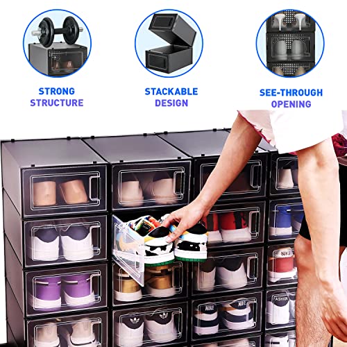 FINESSY Small Shoe Organizer Shoe Storage Box, Shoe Boxes Clear Plastic Stackable, Clear Shoe Boxes Stackable Black Shoe Organizer For Closet Shoe Containers Shoe Box Storage Containers (Dark Blue)