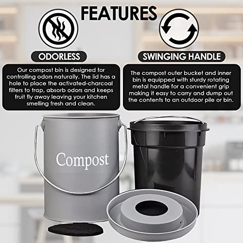 JV Compost Bin - Kitchen Compost Bin Countertop - Kitchen Composter Indoor - Compost Pail - 1.2 Gallon Compost Bin with EZ-No Lock Lid - Small Compost Bin - Odor-Free Seal - 2 Charcoal Filters