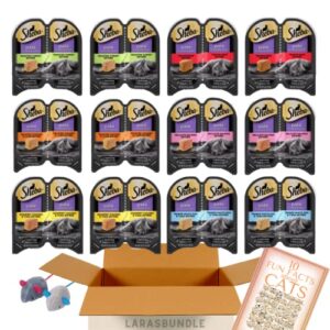 sheba cat food pate variety pack | (24 servings | 12 pack | 6 flavors) turkey, beef, chicken, liver, salmon, white fish, tuna with larasbundle catnip toys