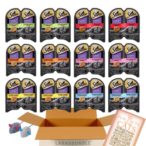 Sheba Cat Food Pate Variety Pack | (24 Servings | 12 Pack | 6 Flavors) Turkey, Beef, Chicken, Liver, Salmon, White Fish, Tuna with LarasBundle Catnip Toys