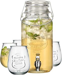 classic ice cold 1 gallon clear embossed glass beverage dispenser easy use spigot, with set of 4 21 oz. ice cold tumblers great for parties, outdoor & daily use.