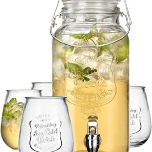 Classic Ice Cold 1 Gallon Clear Embossed Glass Beverage Dispenser Easy Use Spigot, With Set Of 4 21 oz. Ice Cold Tumblers Great For Parties, Outdoor & Daily Use.