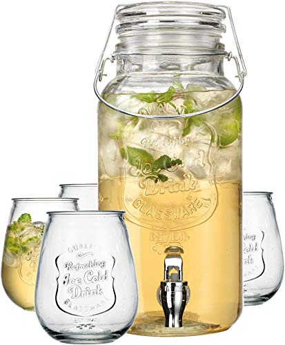 Classic Ice Cold 1 Gallon Clear Embossed Glass Beverage Dispenser Easy Use Spigot, With Set Of 4 21 oz. Ice Cold Tumblers Great For Parties, Outdoor & Daily Use.