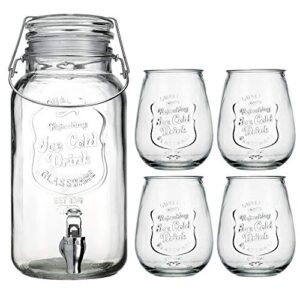 Classic Ice Cold 1 Gallon Clear Embossed Glass Beverage Dispenser Easy Use Spigot, With Set Of 4 21 oz. Ice Cold Tumblers Great For Parties, Outdoor & Daily Use.