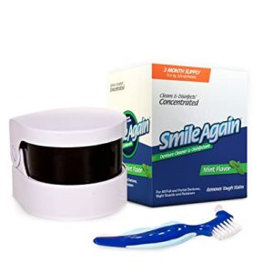 smile again care kit, denture, retainer & aligner care and cleaning bundle with ultrasonic denture & retainer cleaner, brush, denture cleaning solution, and informational brochure, pack of 3