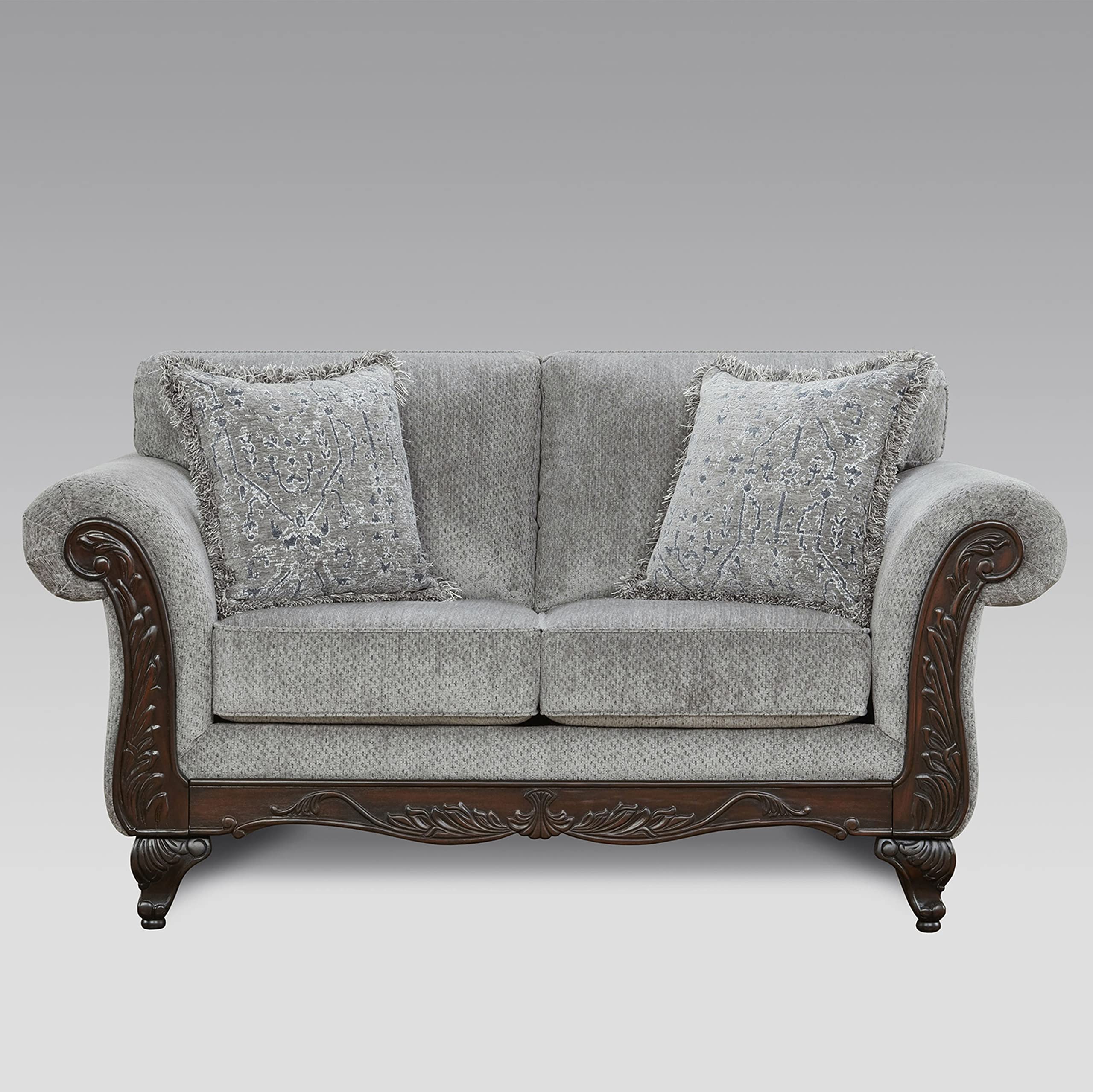 Roundhill Furniture Hernen Carved Wood Frame Loveseat, Gray