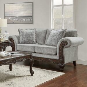 Roundhill Furniture Hernen Carved Wood Frame Loveseat, Gray