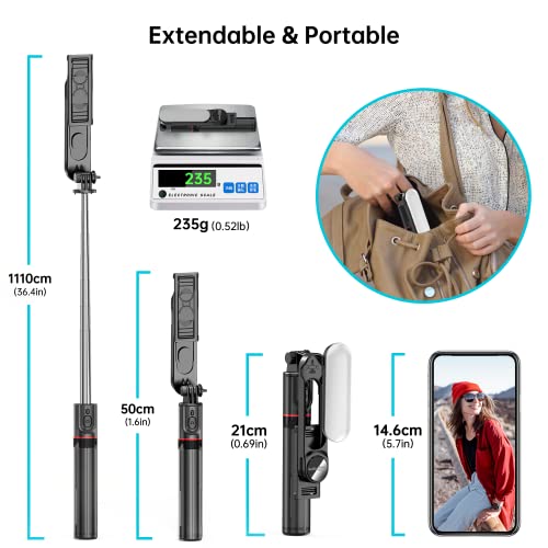 Stable Selfie Stick Tripod with Fill Light, 44 Inch Extendable Selfie Stick with Wireless Remote and Tripod Stand 360 Rotation for iPhone 13/12/11 Pro/XS Max/XS/XR/X/8/7, Samsung and Smartphone