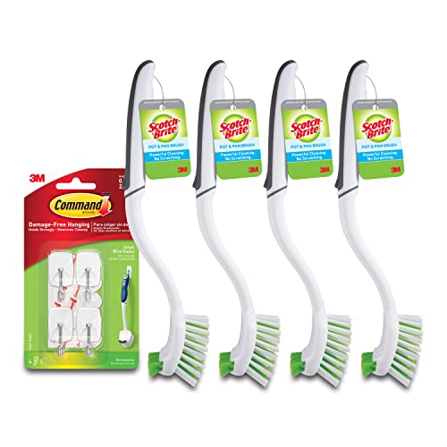 Scotch-Brite Pot Pan & Dish Brush (4 Count) + Command Small Wire Hooks, White (4 Hooks, 5 Strips)