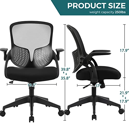 Ergonomic Desk Chair Mesh Home Office Chair with Flip Up Armrests Mid Back Computer Chair Lumbar Support Adjustable Swivel Task Chair, Black