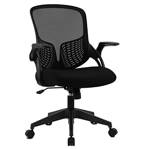 Ergonomic Desk Chair Mesh Home Office Chair with Flip Up Armrests Mid Back Computer Chair Lumbar Support Adjustable Swivel Task Chair, Black