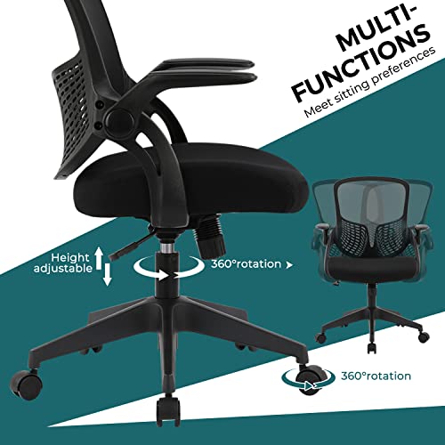 Ergonomic Desk Chair Mesh Home Office Chair with Flip Up Armrests Mid Back Computer Chair Lumbar Support Adjustable Swivel Task Chair, Black