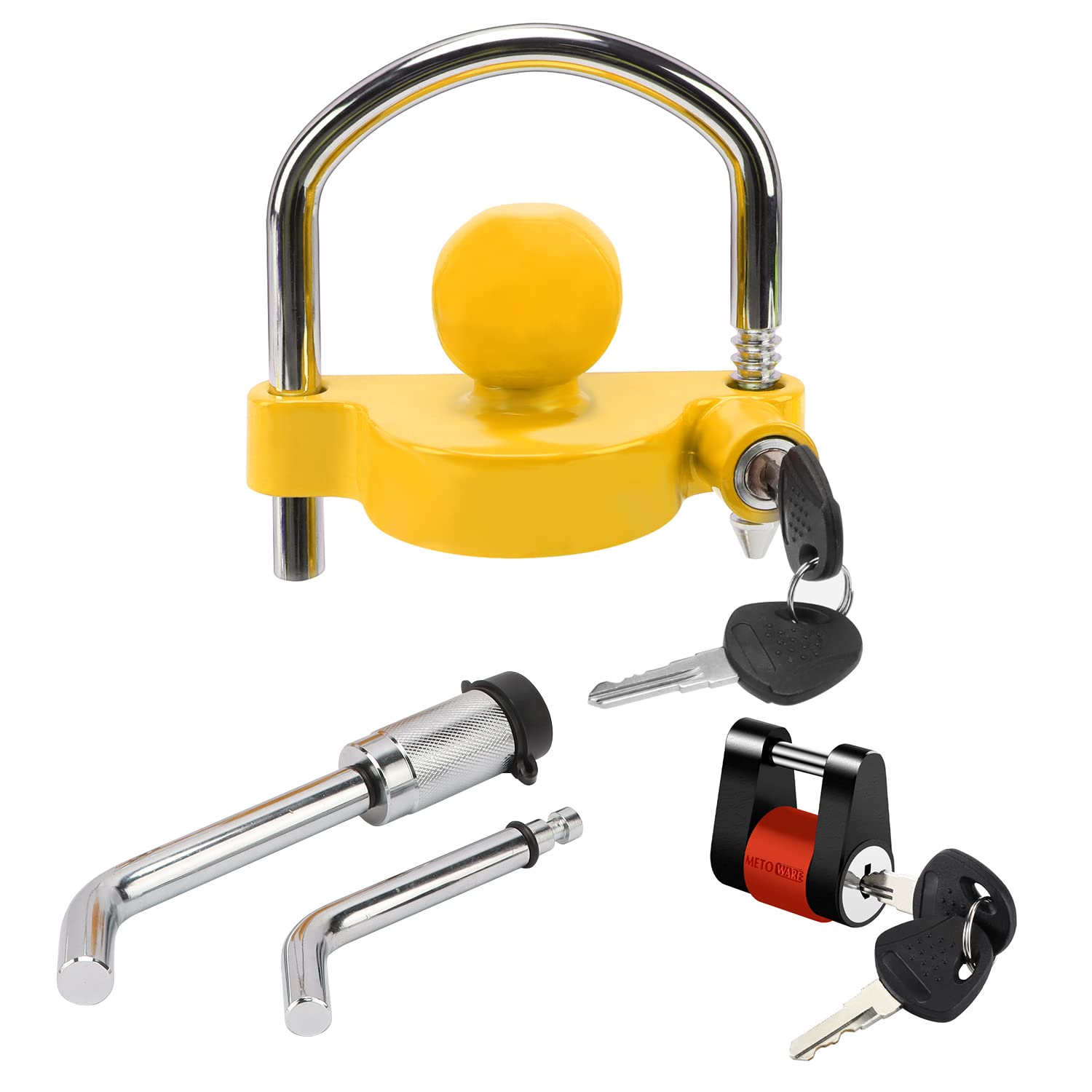 Keyed Alike Trailer Receiver Lock& Coupler Lock Kit, 1/2" and 5/8" Dia Dual Bent Pin Hitch Lock, 1/4” Dia 3/4” Inch Span Coupler Lock,Universal Tow Ball Lock Fits 1-7/8",2' 2-5/16" Coupler Yellow