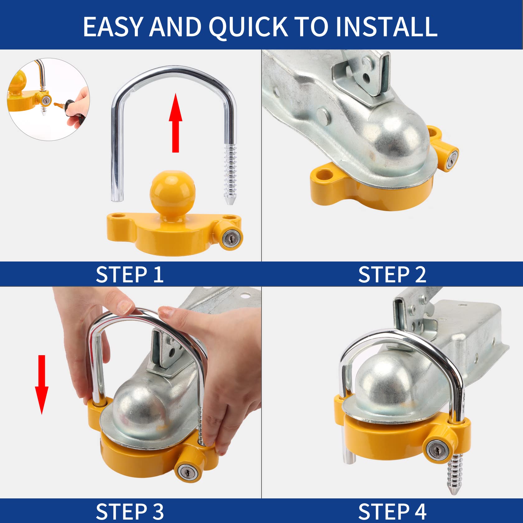 Keyed Alike Trailer Receiver Lock& Coupler Lock Kit, 1/2" and 5/8" Dia Dual Bent Pin Hitch Lock, 1/4” Dia 3/4” Inch Span Coupler Lock,Universal Tow Ball Lock Fits 1-7/8",2' 2-5/16" Coupler Yellow