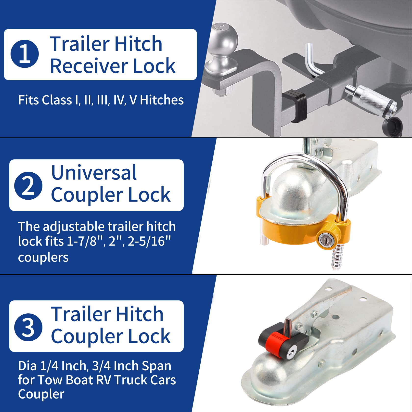 Keyed Alike Trailer Receiver Lock& Coupler Lock Kit, 1/2" and 5/8" Dia Dual Bent Pin Hitch Lock, 1/4” Dia 3/4” Inch Span Coupler Lock,Universal Tow Ball Lock Fits 1-7/8",2' 2-5/16" Coupler Yellow