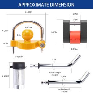 Keyed Alike Trailer Receiver Lock& Coupler Lock Kit, 1/2" and 5/8" Dia Dual Bent Pin Hitch Lock, 1/4” Dia 3/4” Inch Span Coupler Lock,Universal Tow Ball Lock Fits 1-7/8",2' 2-5/16" Coupler Yellow