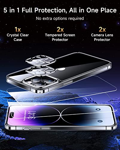 Humixx Crystal Clear Designed for iPhone 14 Pro Max Case, with 2X Screen Protector + 2X Lens Protector [Not-Yellowing][Full Body Protection] Shockproof Protective iPhone 14 Pro Max Phone Case 6.7 Inch