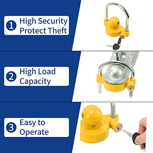 METOWARE Trailer Coupler Lock Universal Adjustable Heavy-Duty Steel Trailer Hitch Lock, Anti Theft Trailer Ball Lock Towing Lock for Towing Trailer Security Fits 1-7/8",2”, 2-5/16" Coupler Yellow