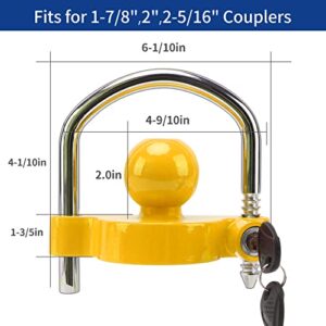 METOWARE Trailer Coupler Lock Universal Adjustable Heavy-Duty Steel Trailer Hitch Lock, Anti Theft Trailer Ball Lock Towing Lock for Towing Trailer Security Fits 1-7/8",2”, 2-5/16" Coupler Yellow